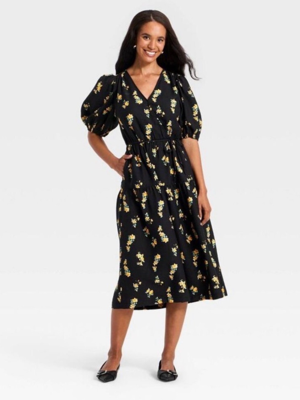a new day Black Midi Dress with Yellow Floral Print